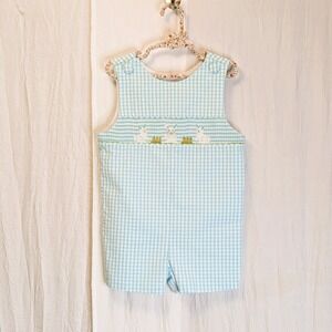 Easter Bunny Seersucker Romper  Jumper Southern Smocked Co. 3T Preppy Classic
